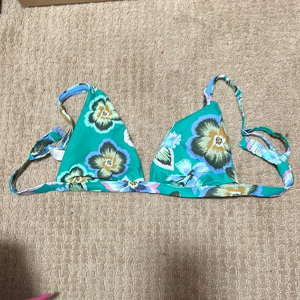 Aerie Blue Triangle Bikini Top with Tropical Floral Design